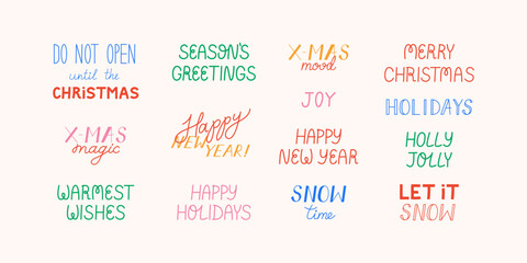 Fototapeta premium Set of holiday christmas and new year quotes. Vector illustration of hand drawn lettering inscriptions for greeting cards and invitations