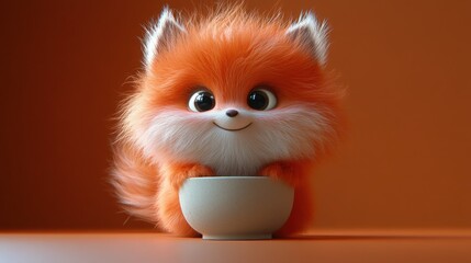 Fototapeta premium Adorable 3D Render of a Fluffy Orange Fox Cub Enjoying a Bowl