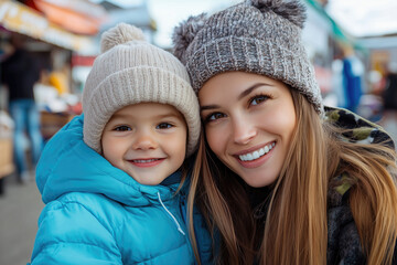 Obraz premium portrait of mother with little child in winter clothes on street