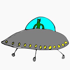 UFO hovering with lights on white background. UFO with glowing lights. close up vector children's drawing. Alien spaceship in the form of a flying saucer isolated on white background JPEG