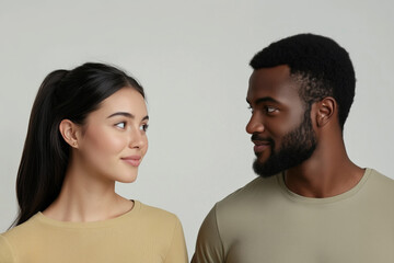 Fototapeta premium portrait of young couple looking to each other on light background