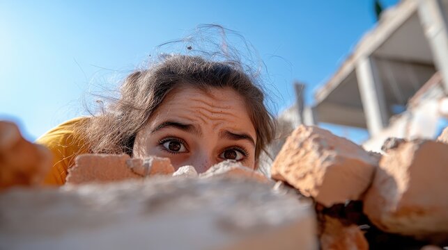A woman's anxious eyes peek through rubble, expressing fear and determination, as sunlight casts over a partially collapsed building behind her.