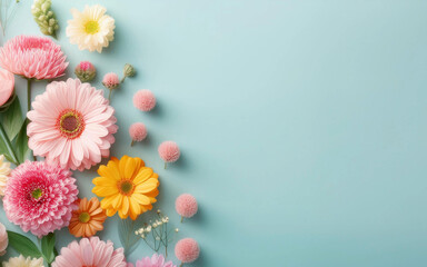 Top view of bouquet flowers on pastel botanical background, copy space
