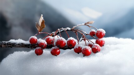 A collection of red berries lightly covered in snow, resting on a branch laid across a blanket of soft, white snow, depicting winter's tranquil beauty.