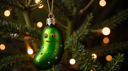 Smiling green pickle Christmas ornament with festive lights on a tree branch
