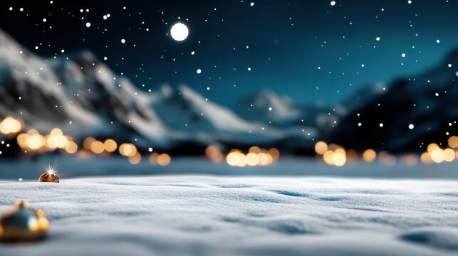 A serene snowy landscape with softly glowing lights against a majestic mountain backdrop under a starlit sky, offering a tranquil and inviting ambiance.