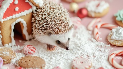 Hedgehog exploring festive treats cozy kitchen animal sweet environment playful perspective holiday cheer