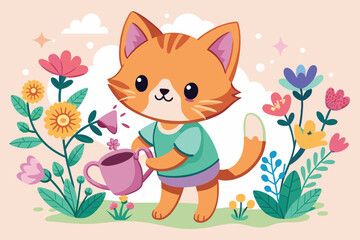 a cute little kitten waters flowers in full growth 