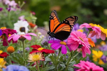 Vibrant Butterfly in Stylish Shades Among Colorful Blooms in a Charming Garden