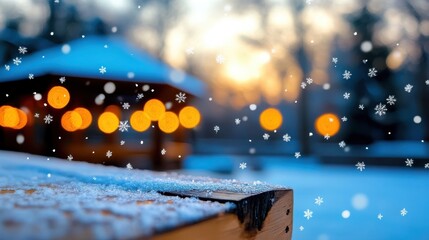 Snowflakes dance amid sparkling bokeh lights near a warm wooden structure during twilight, creating a serene and festive winter mood reminiscent of nostalgic evenings.