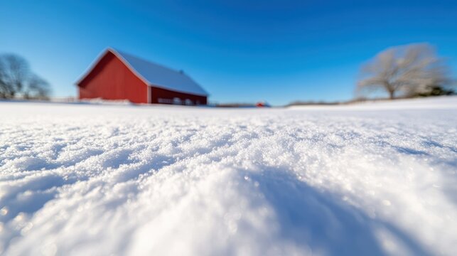 A close-up of a snow-covered field under a clear blue sky, with a red barn in the distance, capturing the beauty and serenity of a winter morning landscape. - Powered by Adobe