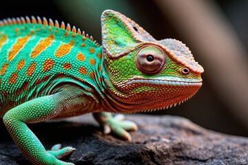 Obraz premium Viridescent Chameleon with Striking Features in Close-up Wildlife Photography