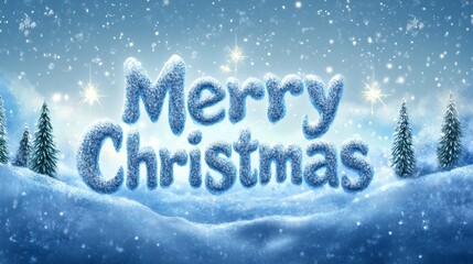 Merry Christmas in a snowy landscape adorned with sparkling stars and frosted trees