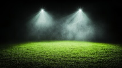 Illuminated soccer stadium field under bright spotlights at night for sport event design