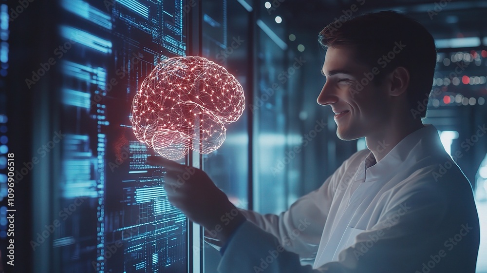 Poster smiling engineer working in high tech data center with visual brain model