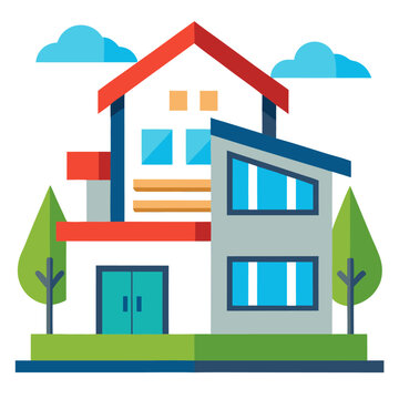 modern house flat design with trees and clouds clip art preview