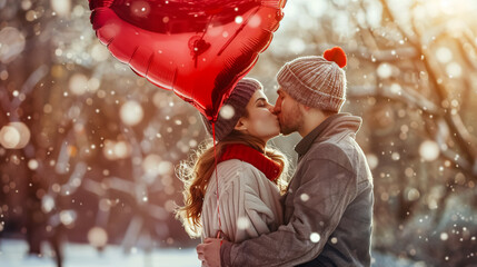 A Valentine couple in love shares a kiss while holding a heart-shaped balloon, celebrating their joy and love on this special day. © Mahemud