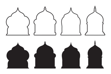 Traditional islamic shapes in oriental style. Set of black silhouette eid mubarak decorative arches, mosque borders or moroccan gates. Arabic muslim architecture design elements