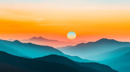 Vibrant sunrise over misty mountains with colorful horizon for nature inspiration