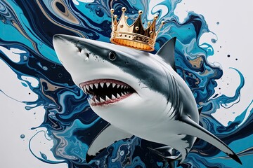 Dynamic Fluid Art Portrait of a Majestic Shark with a Crown in Organic Abstract Style