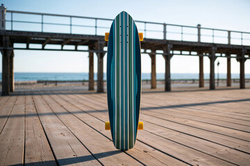 Colorful skateboard resting on wooden pier with ocean view in bright sunlight