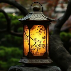 Illuminated lantern; Asian design; floral pattern.