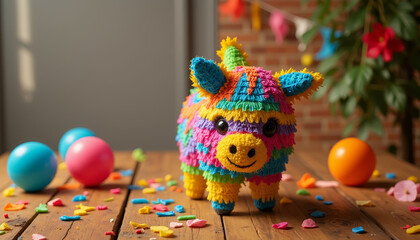 Cheerful piñata shaped like a donkey with vibrant colors displayed on a festive table with copy space