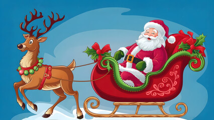Fototapeta premium Jolly Santa Claus riding in a festive sleigh pulled by a cheerful reindeer in a winter wonderland