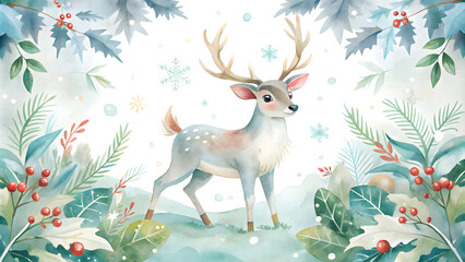 Obraz premium Charming watercolor illustration of a deer surrounded by winter foliage in a serene background