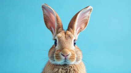 Obraz premium A close-up of a friendly brown rabbit looking directly at the camera against a bright, solid blue background. Concept of Easter and springtime.
