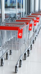 Rows of gleaming shopping carts waiting outside an office building, showcasing a vibrant urban atmosphere and modern convenience