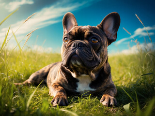 Fototapeta premium A French bulldog with a wrinkled, brindle-patterned coat and a distinctive 