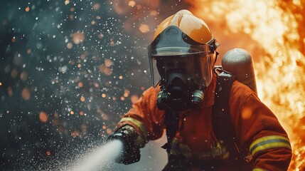 Obraz premium Firefighter Battling Vibrant Flames with Fire Hose in Action