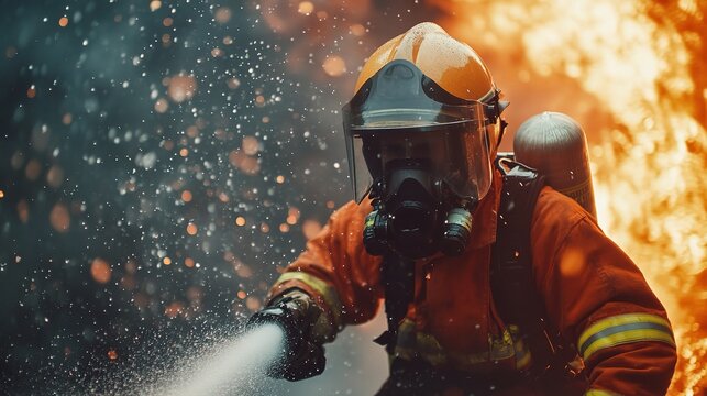 Firefighter Battling Vibrant Flames with Fire Hose in Action