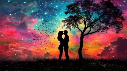 A couple is kissing under a tree in a colorful sky