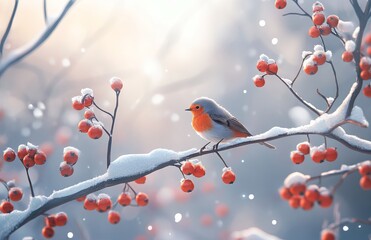 Fototapeta premium European Robin on Snowy Hawthorn Branch. AI generated illustration.