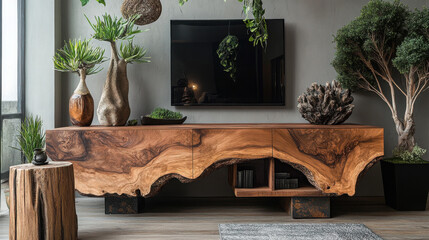 Rustic wooden furniture showcasing natural imperfections and organic textures, blending traditional woodworking with modern design