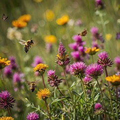wild field with butterflies and bees