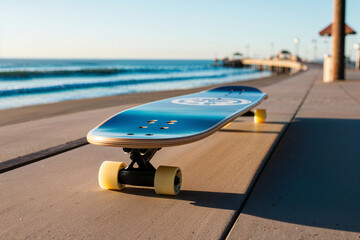 Skating board resting on beachside walkway during golden hour by the ocean