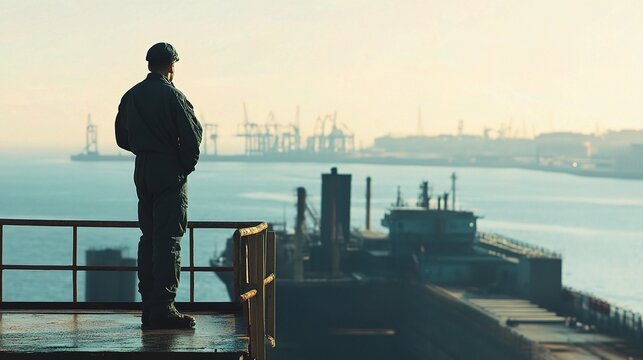 Naval Engineer Performing Quality Check at Port with Ship Perspective