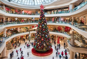 Obraz premium Colorful vibrant mall featuring giant Christmas tree and floating ornaments creates whimsical holiday shopping experience, enhancing festive decor appeal beautifully