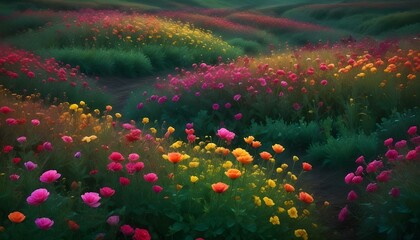 Campos de Flores Borrosas  Un fondo abstracto en tonos verdes, rosas y amarillos, imitando el aspecto borroso de un campo de flores visto de lejos. Ideal para crear un efecto de naturaleza relajante, 