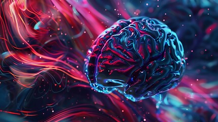  An image of a human brain with digital waves and abstract retro patterns. 