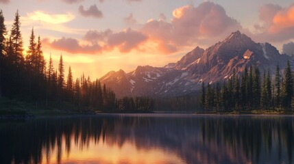 Serene Sunset over Mountain Lake and Coniferous Forest