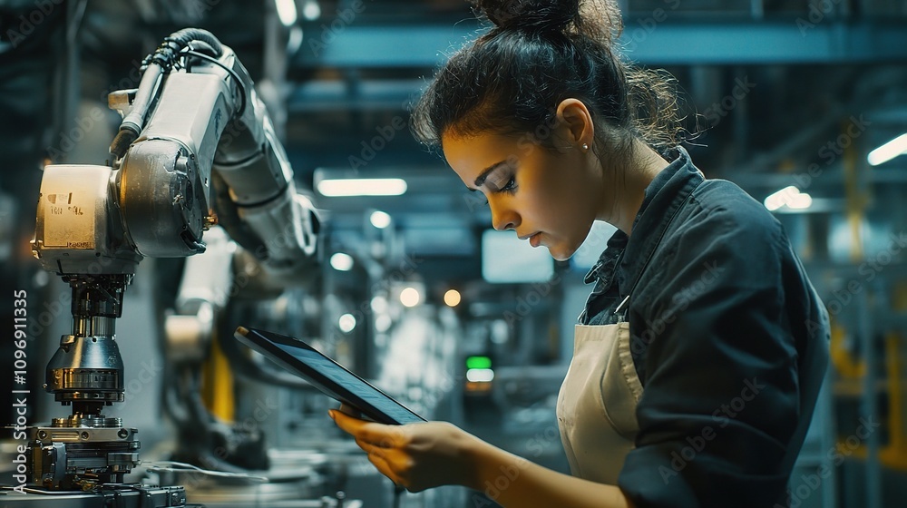 Poster female engineer programming robotic arm in modern factory setting