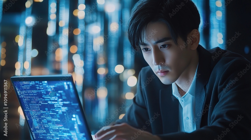 Poster focused programmer working on laptop in cybersecurity environment
