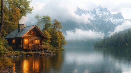 Obraz premium Serene Lakeside Cabin Retreat: Majestic Mountain Views