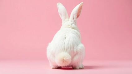 A fluffy white rabbit sits with its back to the camera against a soft pink background, showcasing its adorable fluffy tail. Concept of a cute Easter bunny.