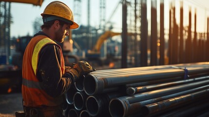 A construction worker actively interacting with steel pipes.