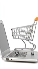 Exploring the fusion of digital technology and commerce with a miniature shopping cart on a laptop